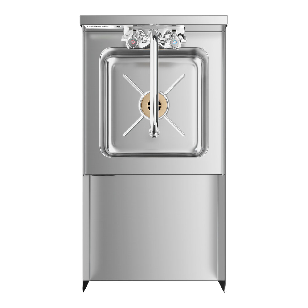 A stainless steel station featuring a small square sink with a faucet and two control knobs, set into a compact, vertical unit.