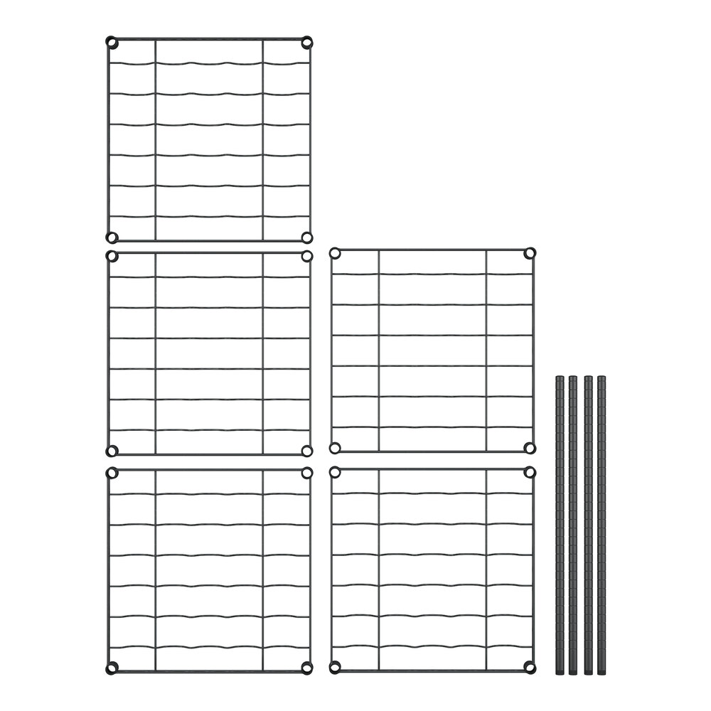 A black metal wire wine rack with black metal rods.