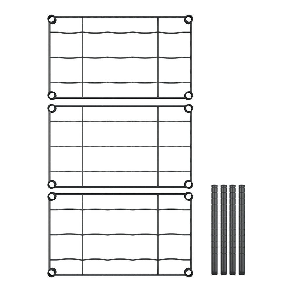 A black Regency wire wine rack with three shelves and 14" posts.
