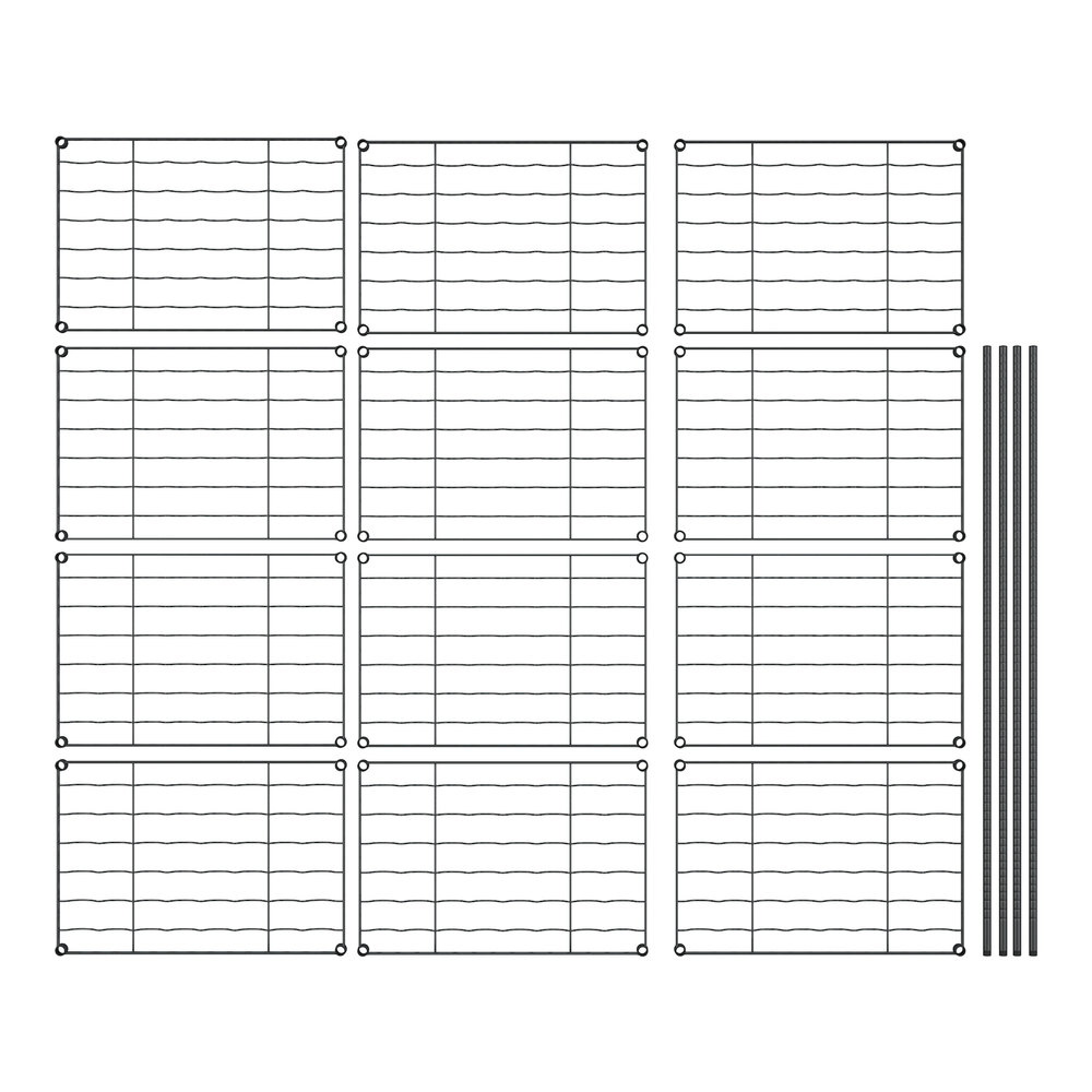 A grid of black metal with shelves and posts.