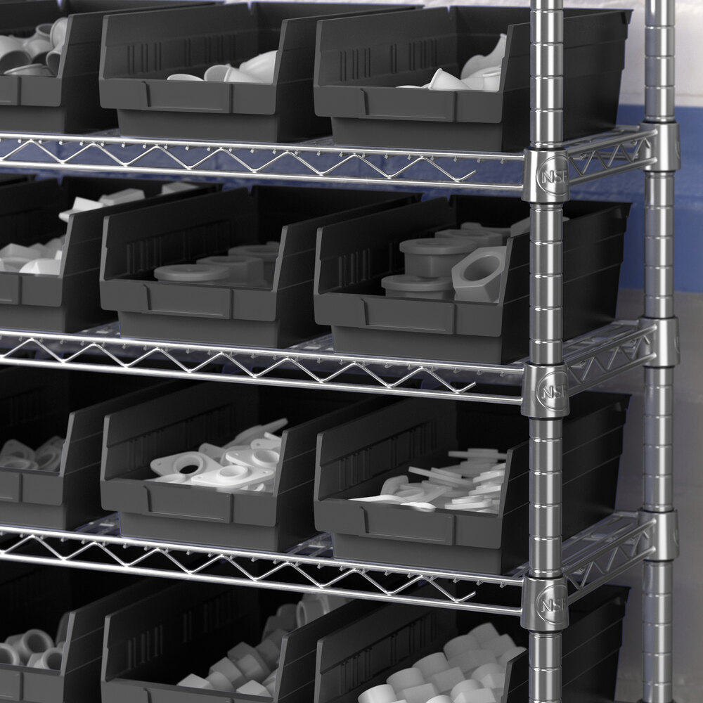 A black shelf bin measuring 11 5/8 inches by 6 5/8 inches by 4 inches, shown on a metal shelving unit.