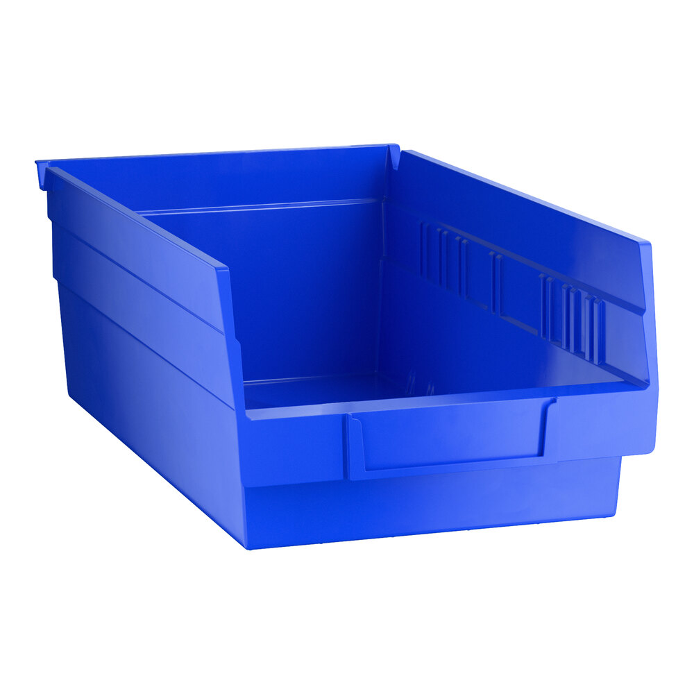 A blue plastic shelf bin with an open front and reinforced sides.