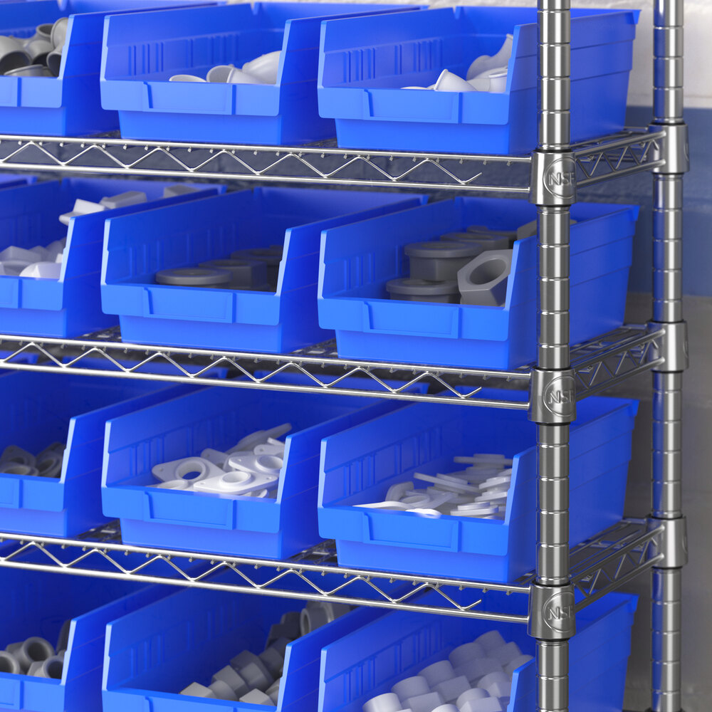 A blue plastic shelf bin measuring 11 5/8 inches by 6 5/8 inches by 4 inches, used for organizing small parts on a metal shelving unit.