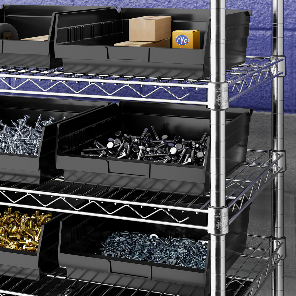Black plastic bins on metal wire shelving, each containing various hardware items such as screws, bolts, and washers.