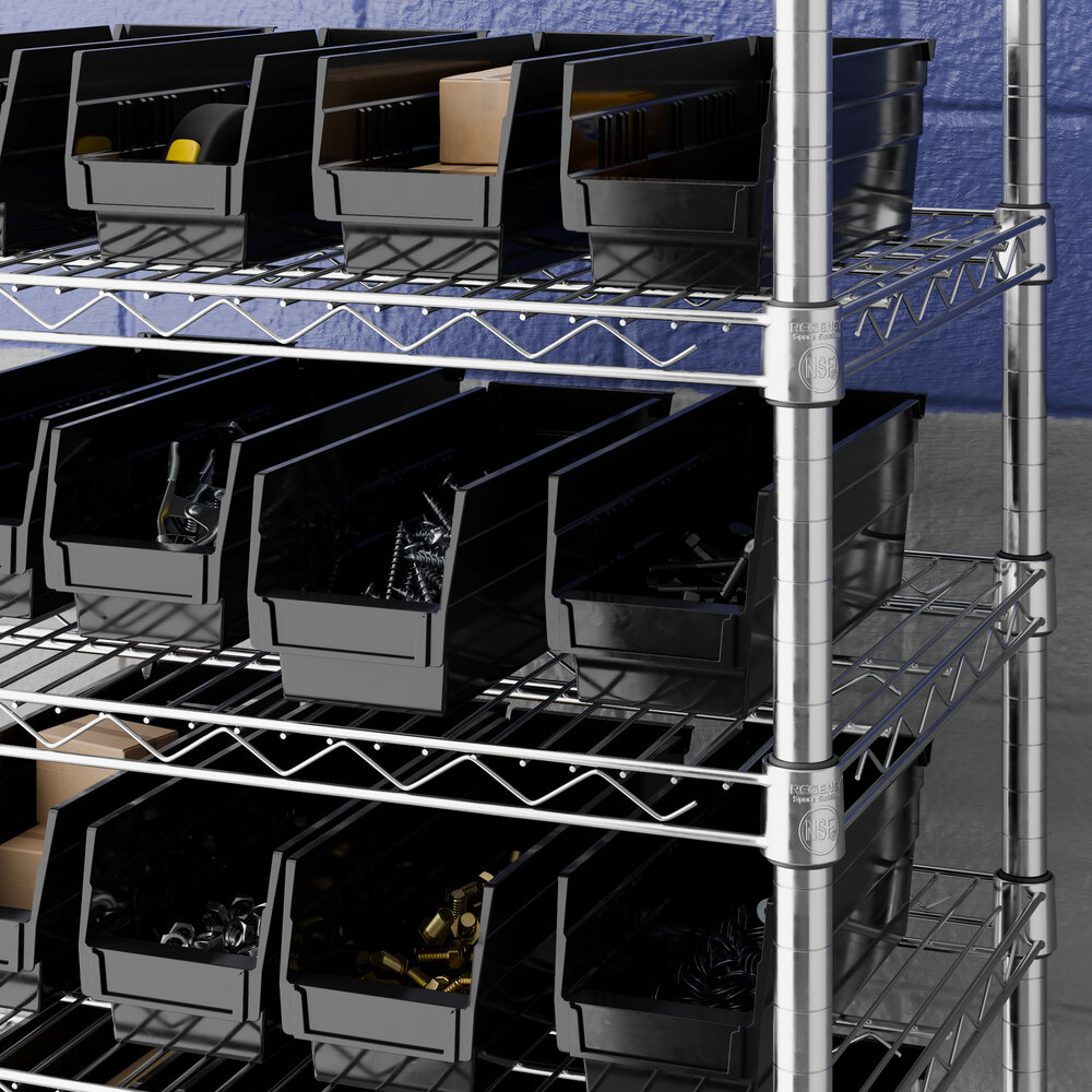 A black plastic shelf bin measuring 11 5/8 inches by 4 1/8 inches by 4 inches, shown on a metal wire shelving unit.