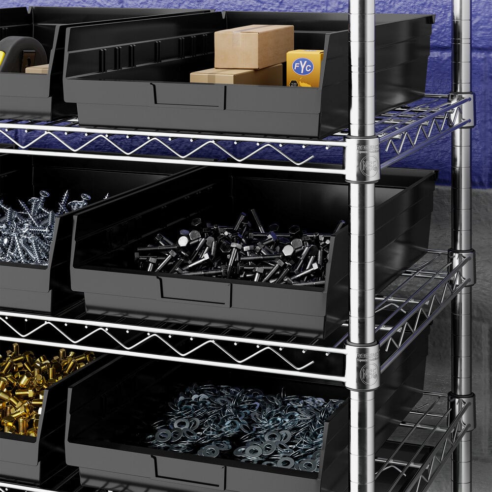 Black plastic bins on metal wire shelving, each containing various hardware items such as screws, bolts, washers, and small boxes.