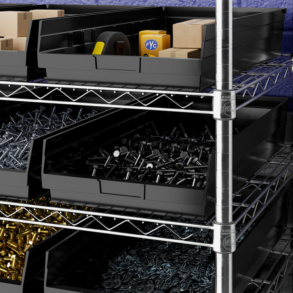 Black plastic storage bins filled with various hardware items and tools are organized on metal wire shelving.