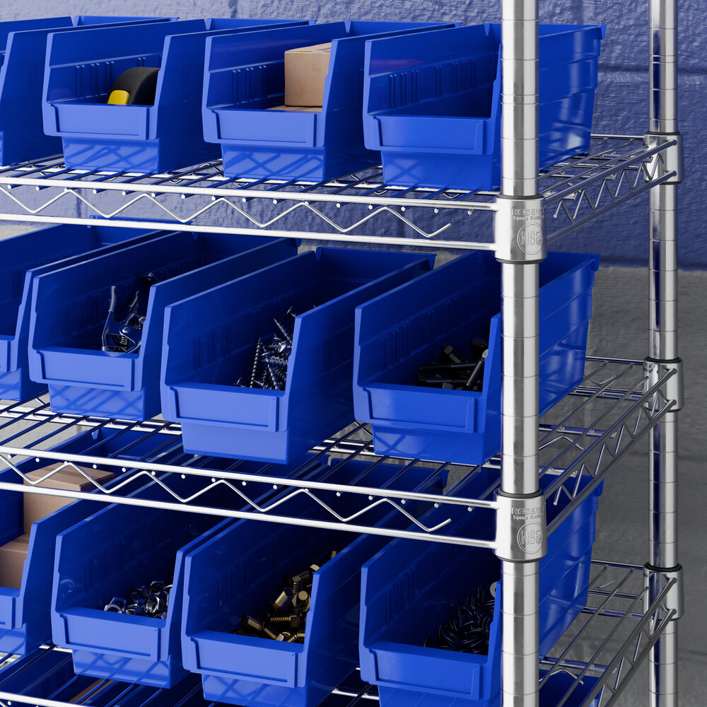 A blue plastic shelf bin measuring 11 5/8 inches by 4 1/8 inches by 4 inches, used for organizing small items on a metal shelving unit.