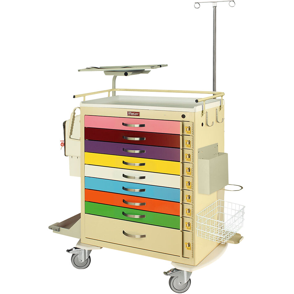 Harloff MSeries 36 3/4" x 22" x 43 3/4" 9Drawer Steel Pediatric Crash Cart with Super Stat