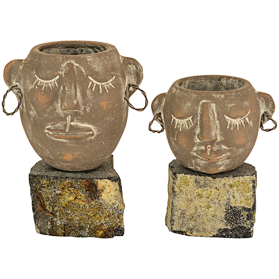 Kalalou 2Piece Clay Face Pot Set with Rock Base