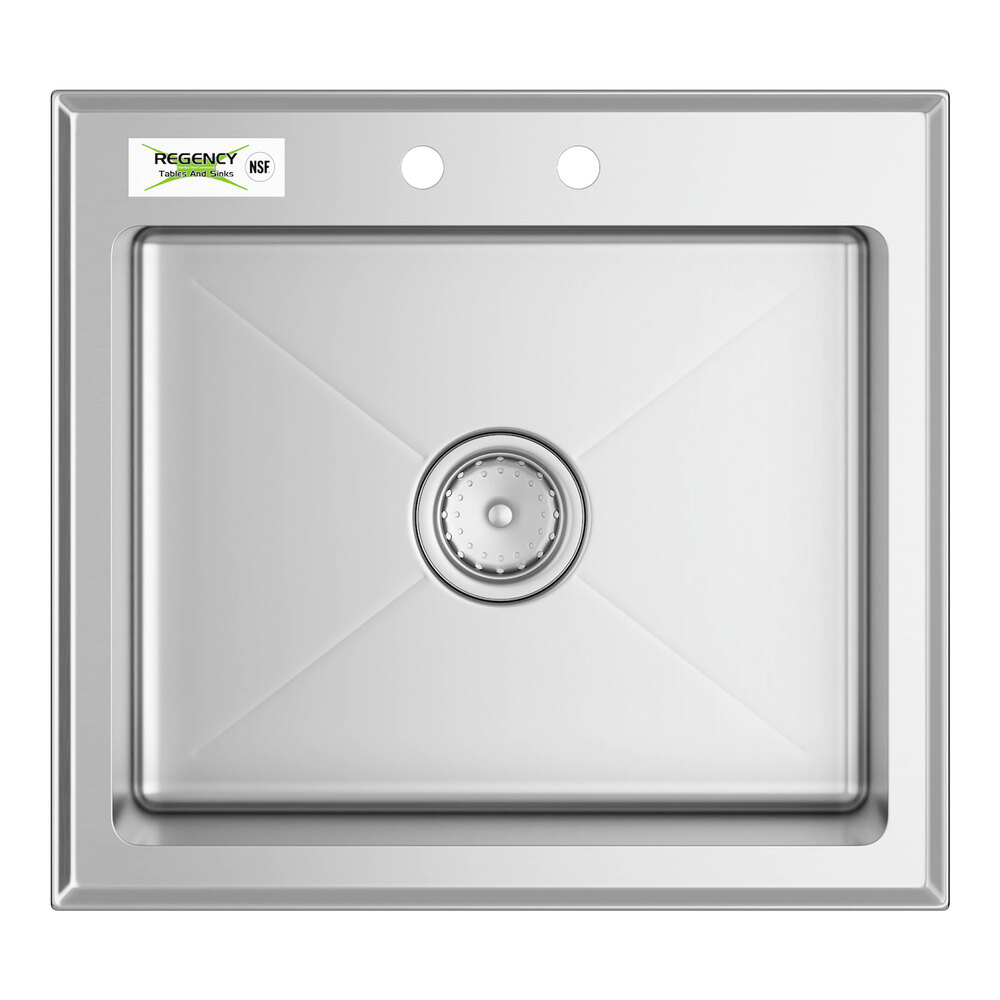 A Regency stainless steel sink with a drain and hole in it.