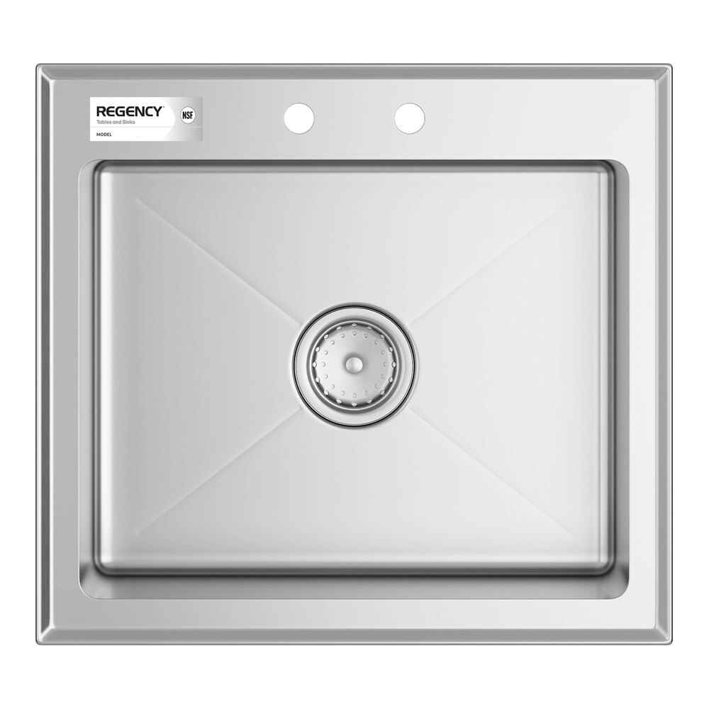 A stainless steel single-basin sink with two faucet holes and a central drain.