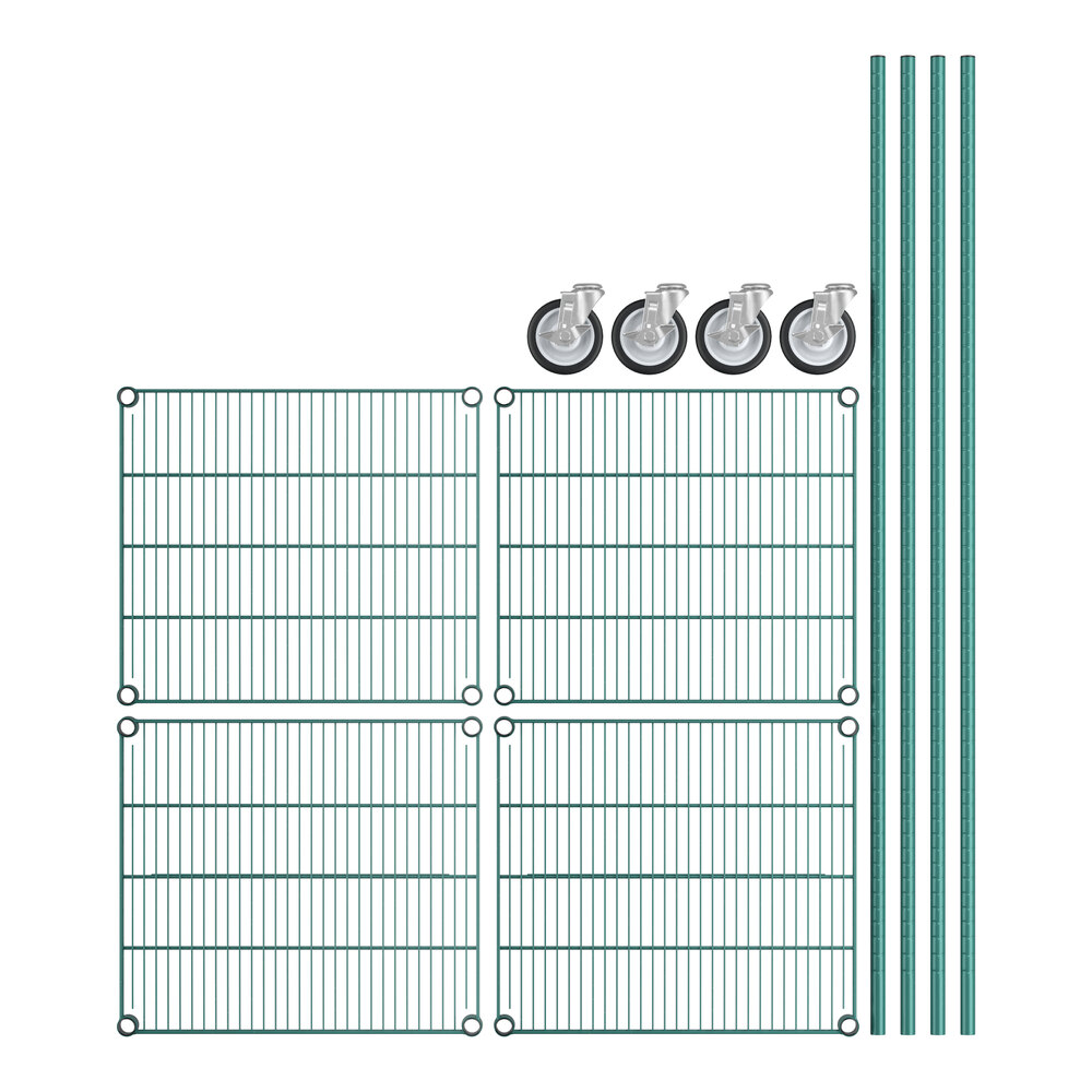 A white grid of green Regency wire shelves with posts and casters.
