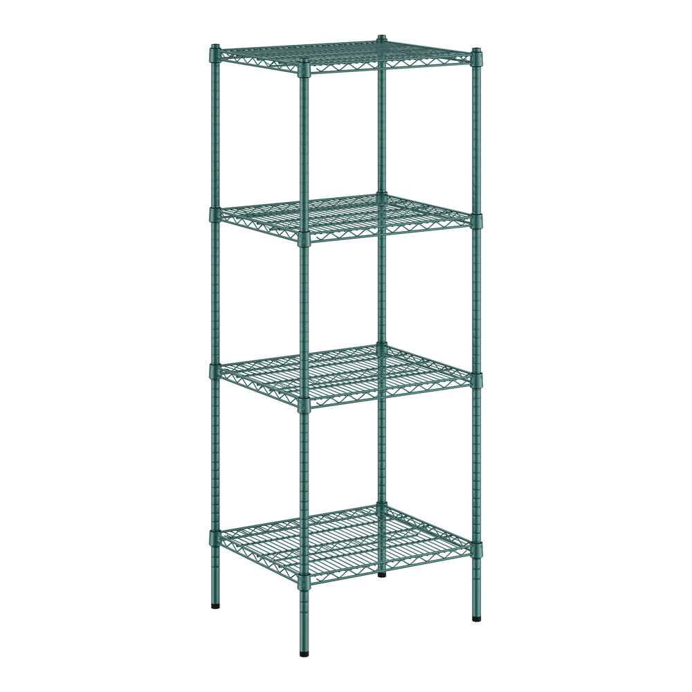 A green wire shelving unit with four shelves.