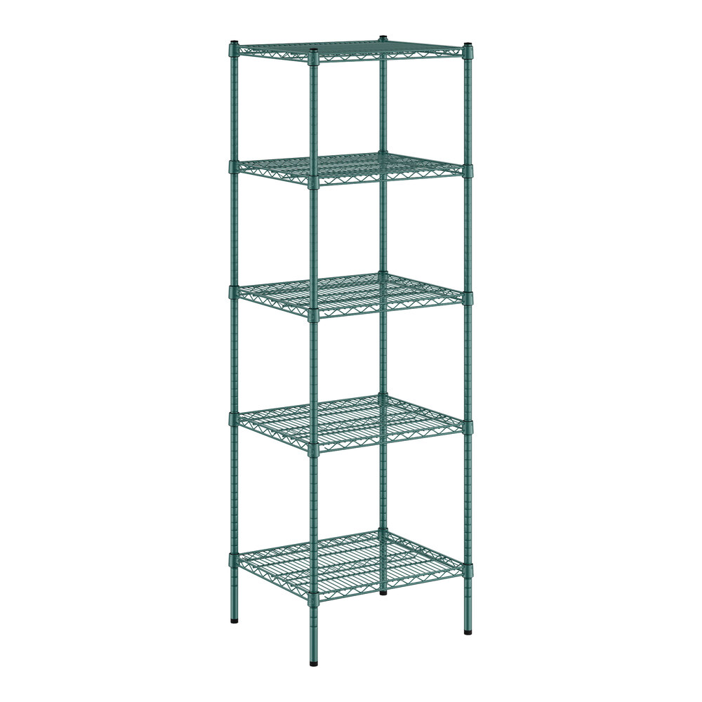 A green wire shelving unit with five shelves.