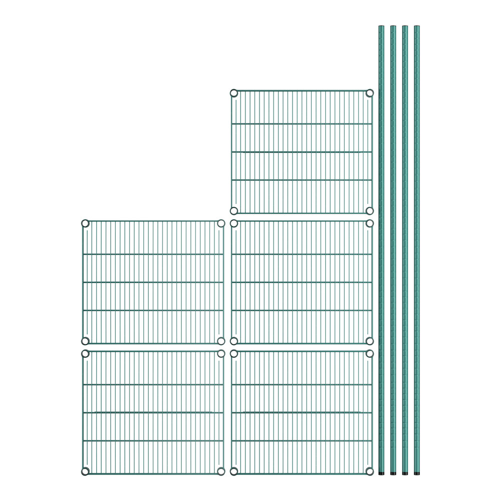 A close-up of a green and blue grid with several rows of metal rods.