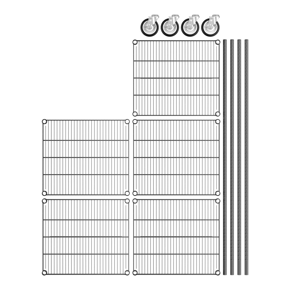 A diagram of a Regency black wire shelving unit with wheels.
