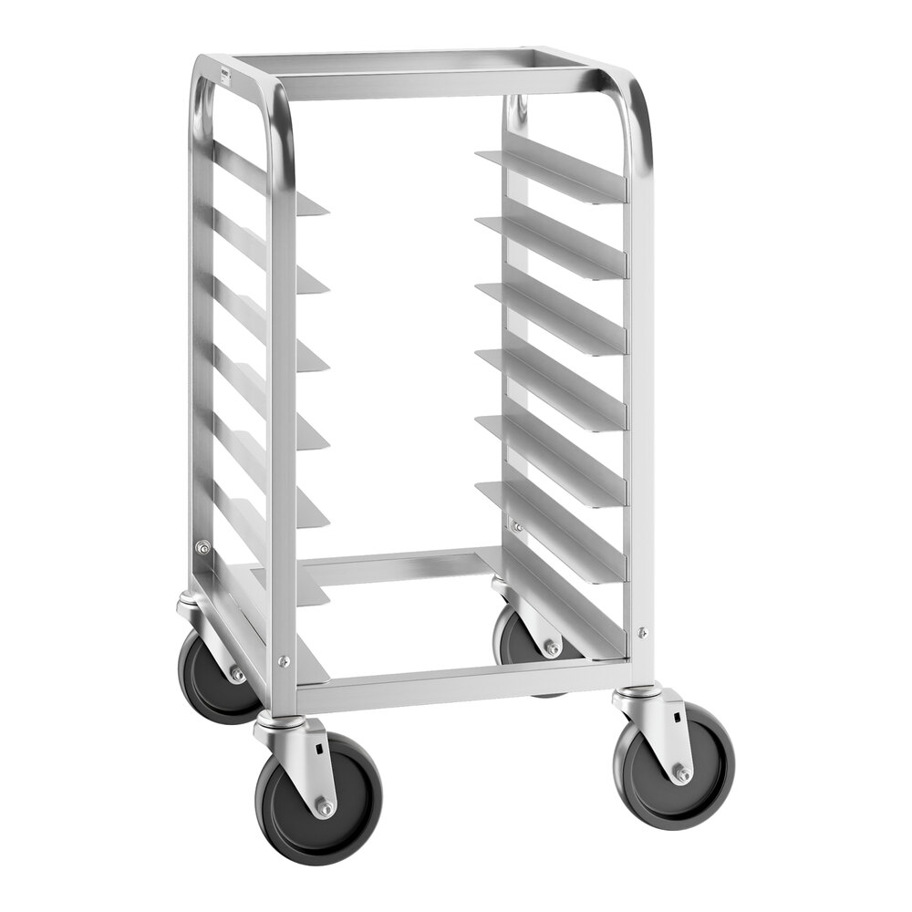 A metal rack with seven horizontal slots on each side and four large caster wheels, designed for holding trays or pans.