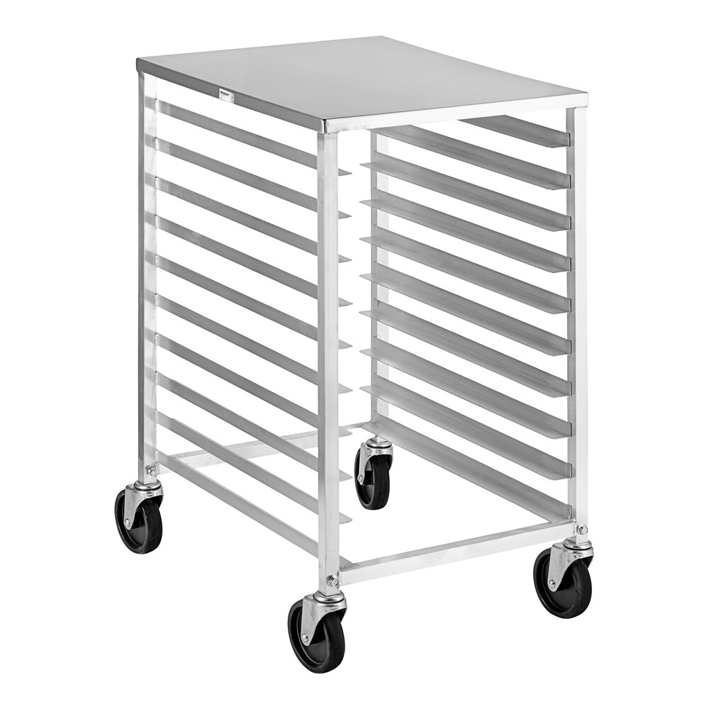 A metal rack with ten horizontal slots, a flat work surface on top, and four caster wheels for mobility.