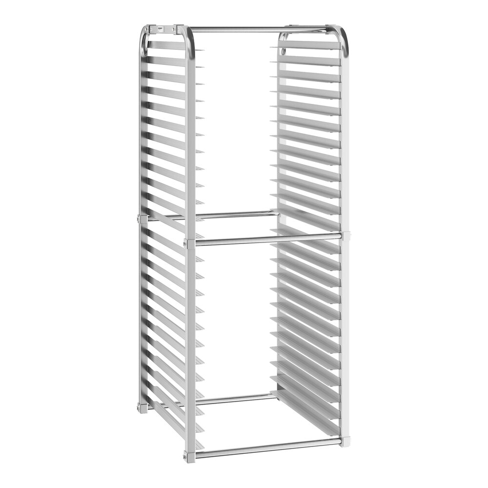 A metal rack with multiple horizontal slots designed to hold trays or pans, shown in an unassembled or open frame state.