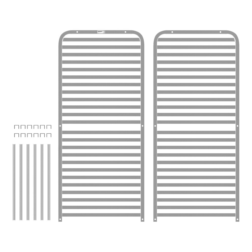 Two large metal grid panels, several metal rods, and small rectangular connectors are arranged on a white background, appearing as unassembled rack components.