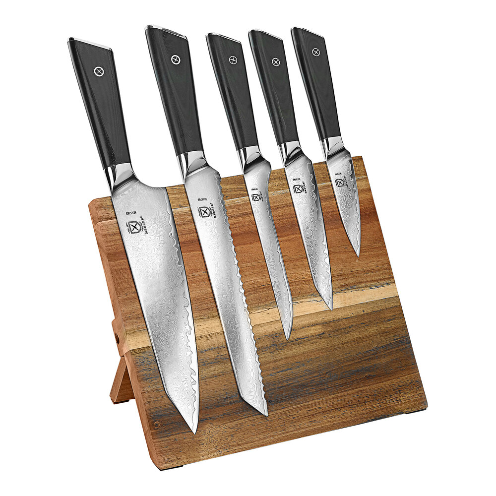 Mercer Culinary M21970AC Renaissance® 5-Piece Acacia Magnetic Knife Board  and Black Handle Knife Set