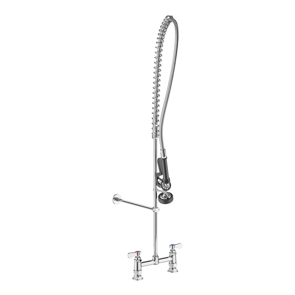 A tall, chrome-colored pre-rinse faucet with a flexible hose, spray nozzle, and two handles for hot and cold water.