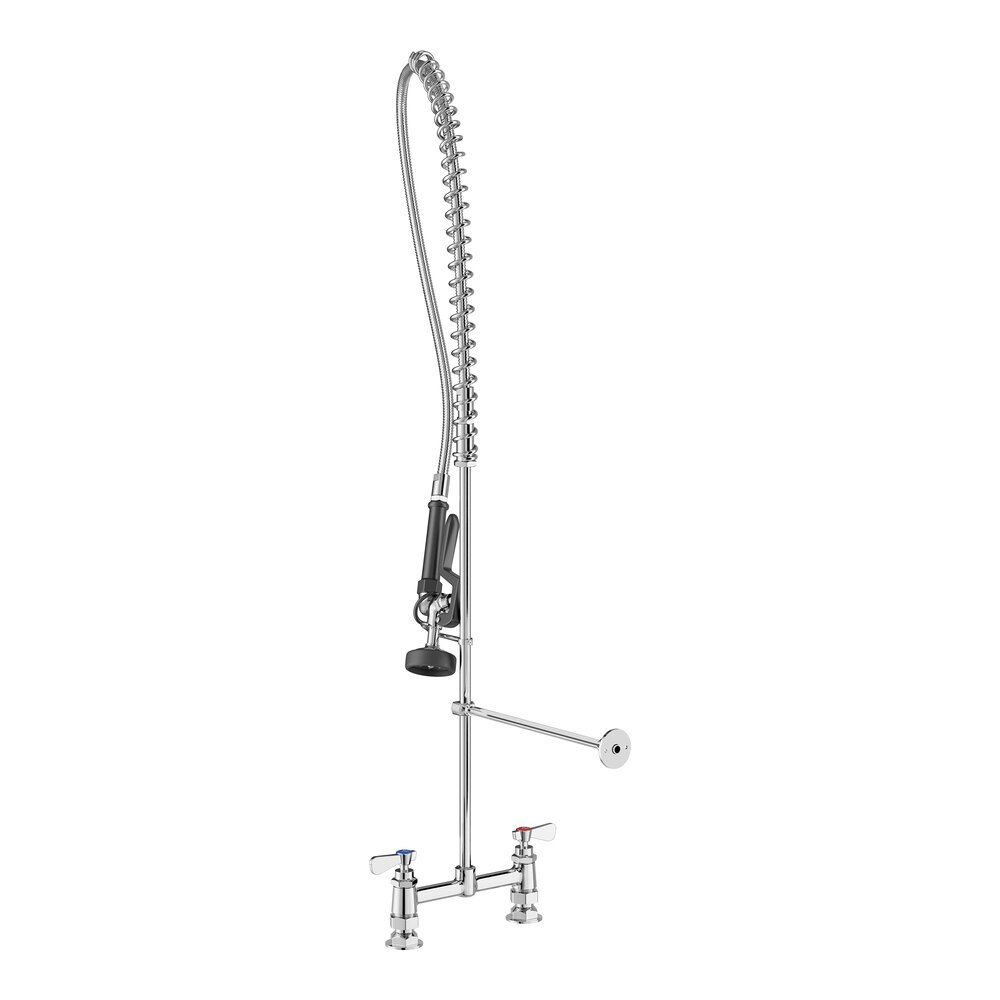 A tall, chrome-colored pre-rinse faucet with a flexible spring hose, dual handles, and a spray nozzle attachment.