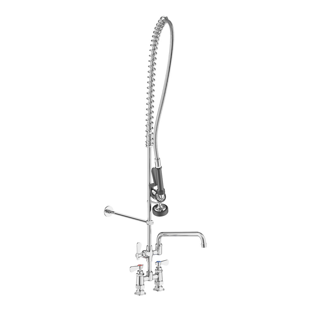 A tall, chrome-colored pre-rinse faucet with a flexible hose, spray nozzle, and an additional spout, mounted on a deck with two handles.
