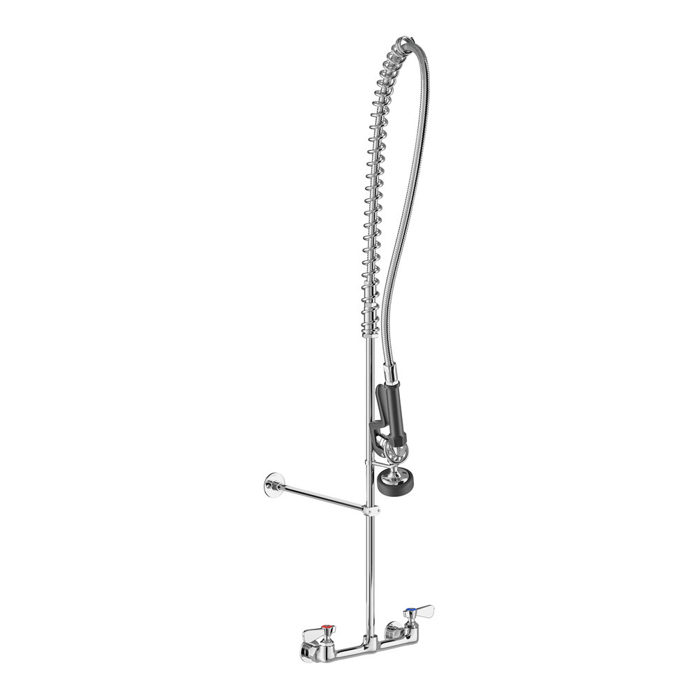 A wall-mounted pre-rinse faucet with an 8-inch center, a long flexible hose, and a spray nozzle, featuring separate hot and cold water handles.
