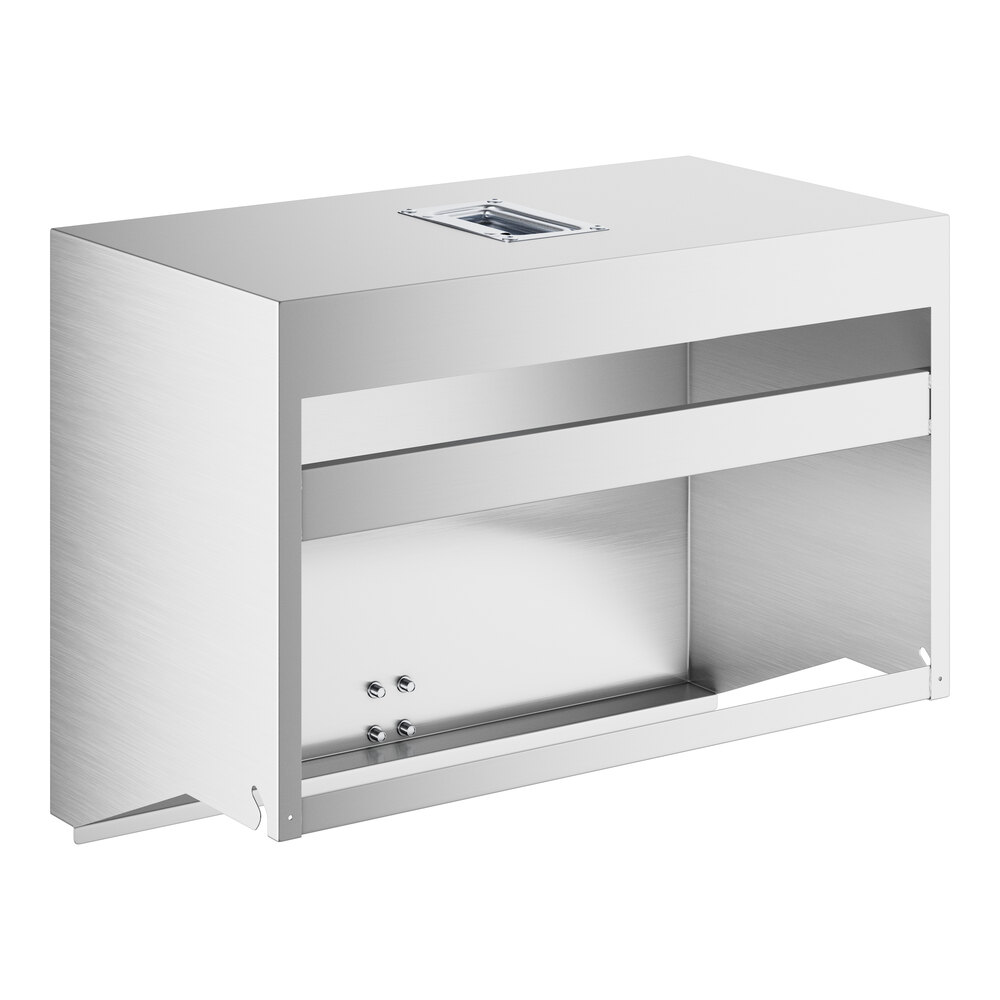 A silver rectangular stainless steel cover with a rectangular shelf inside.