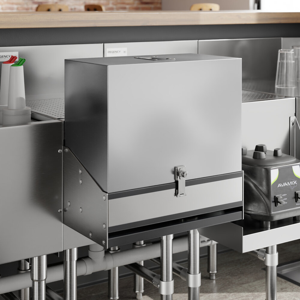 A stainless steel cover for a Regency double tier speed rail on a stainless steel counter in a kitchen.