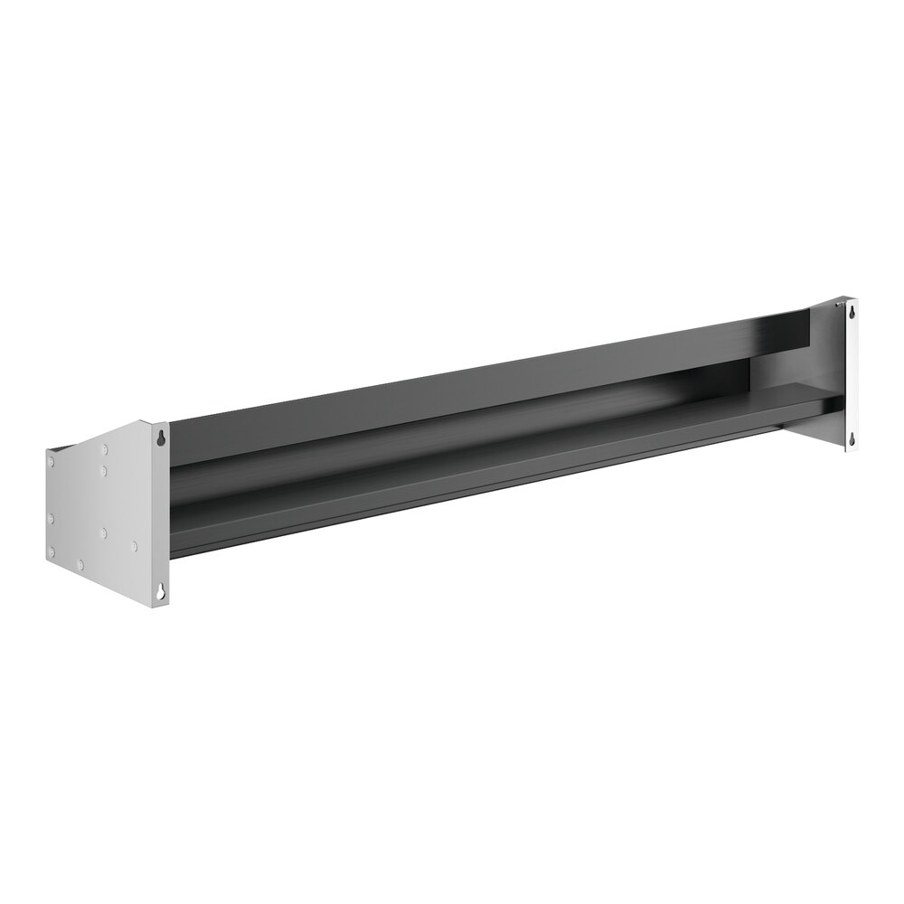A black rectangular object with two silver metal shelves.