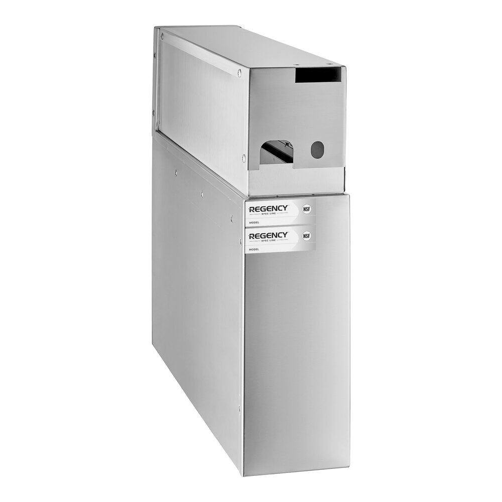 A stainless steel rectangular box with two labeled slots and an opening at the top front, designed for holding items.