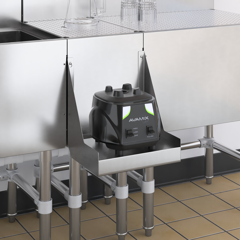 A Regency stainless steel shelf for a blender on an underbar counter.