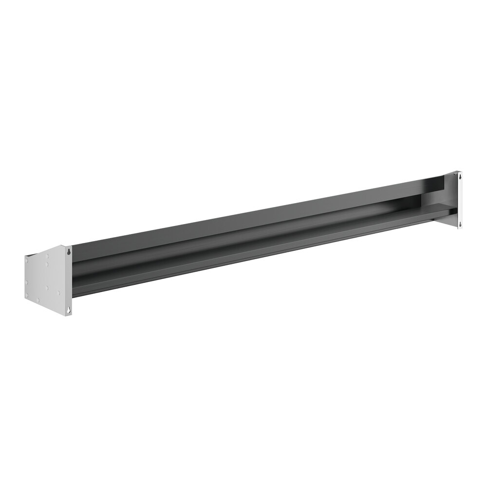 A black and silver metal speed rail shelf with holes.