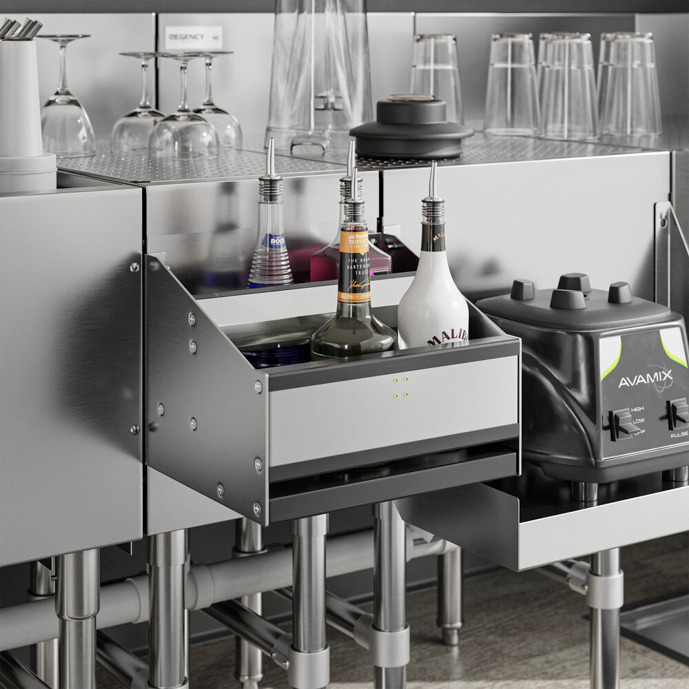 A Regency stainless steel double tier speed rail holding bottles and glasses.