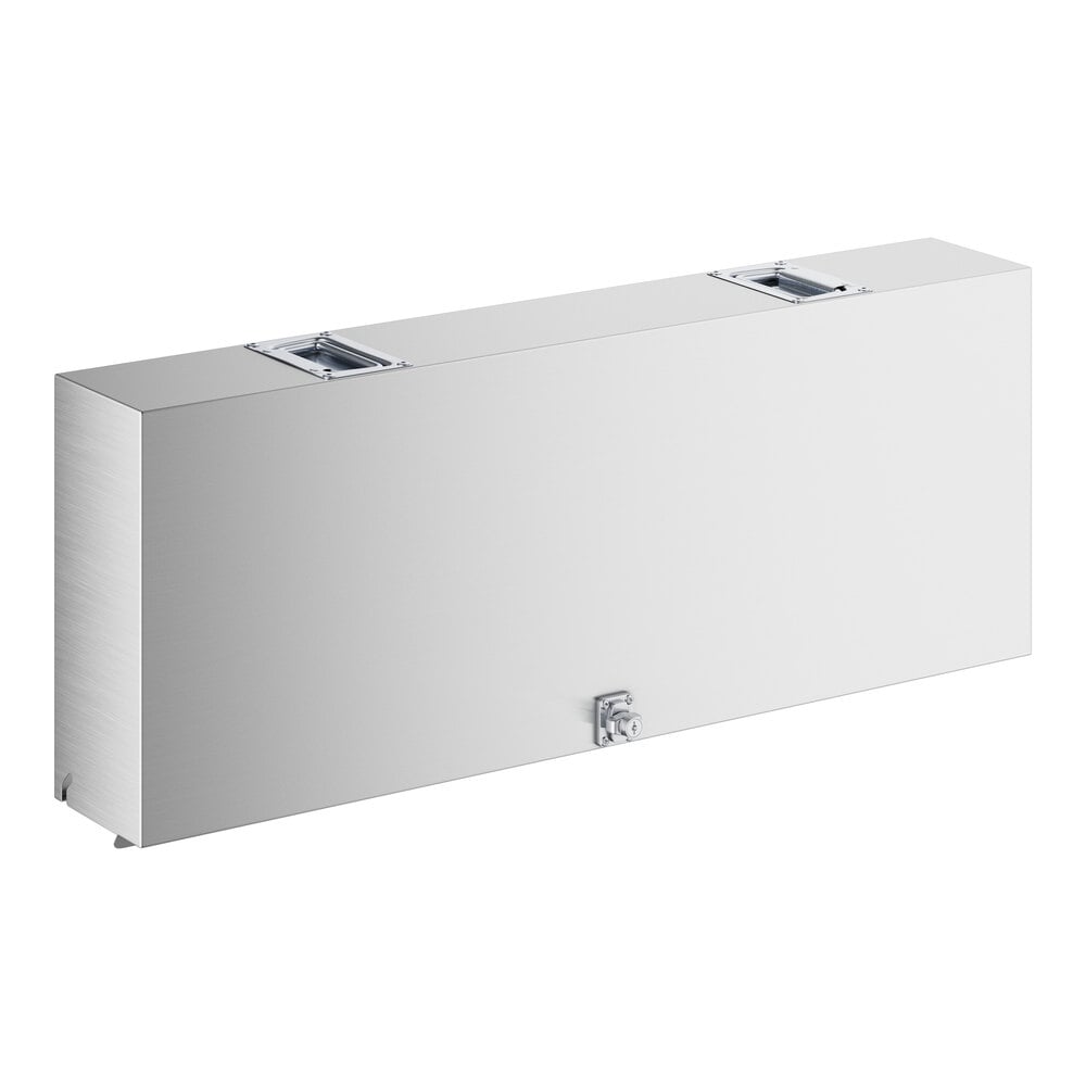 A stainless steel rectangular cover with metal hinges.