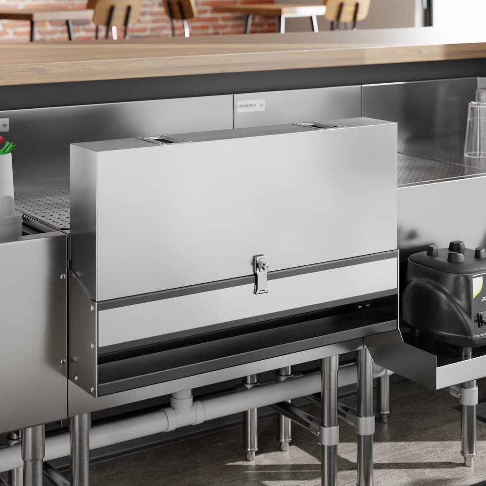 A Regency stainless steel cover for a metal box on a counter.