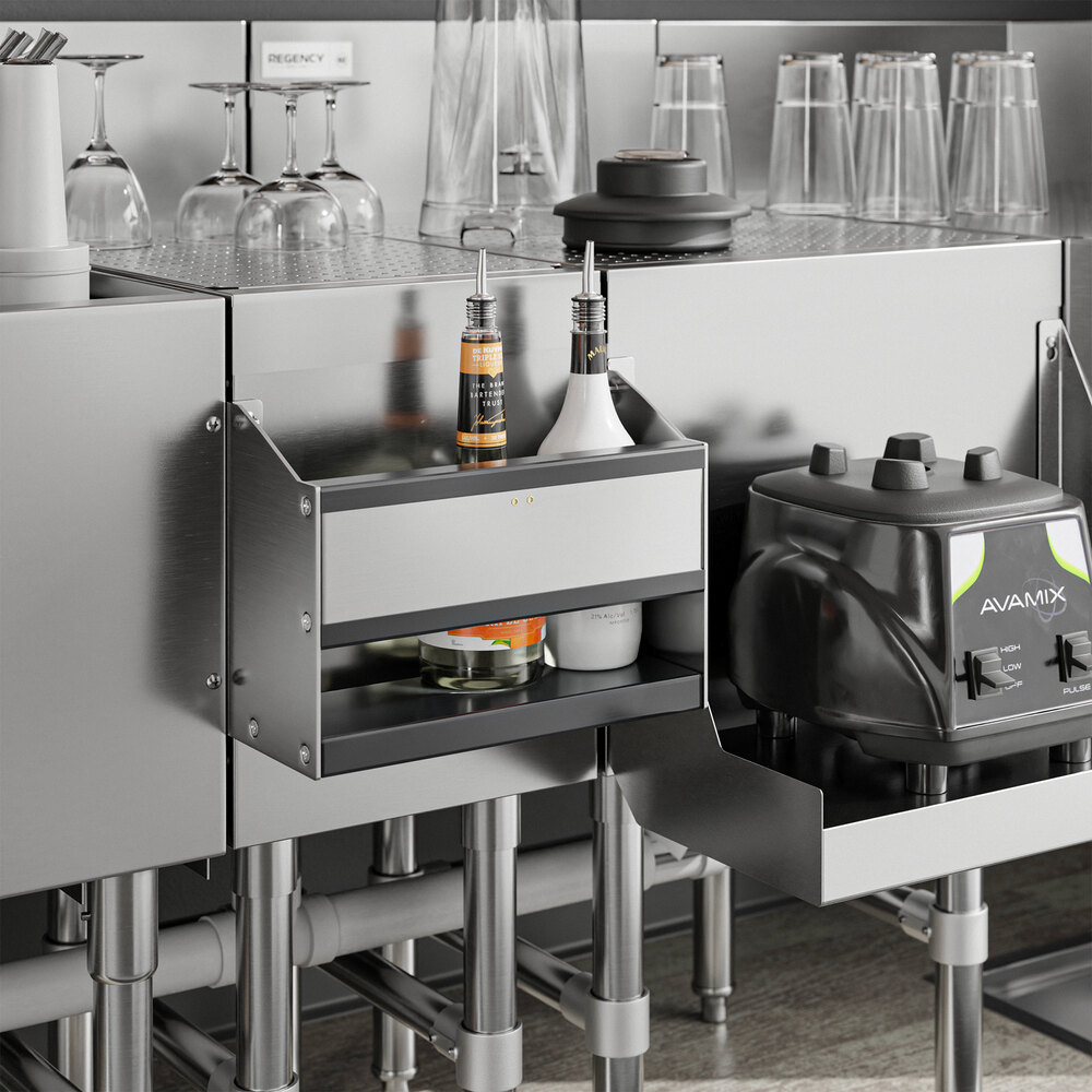 A Regency stainless steel speed rail on a counter with wine glasses.