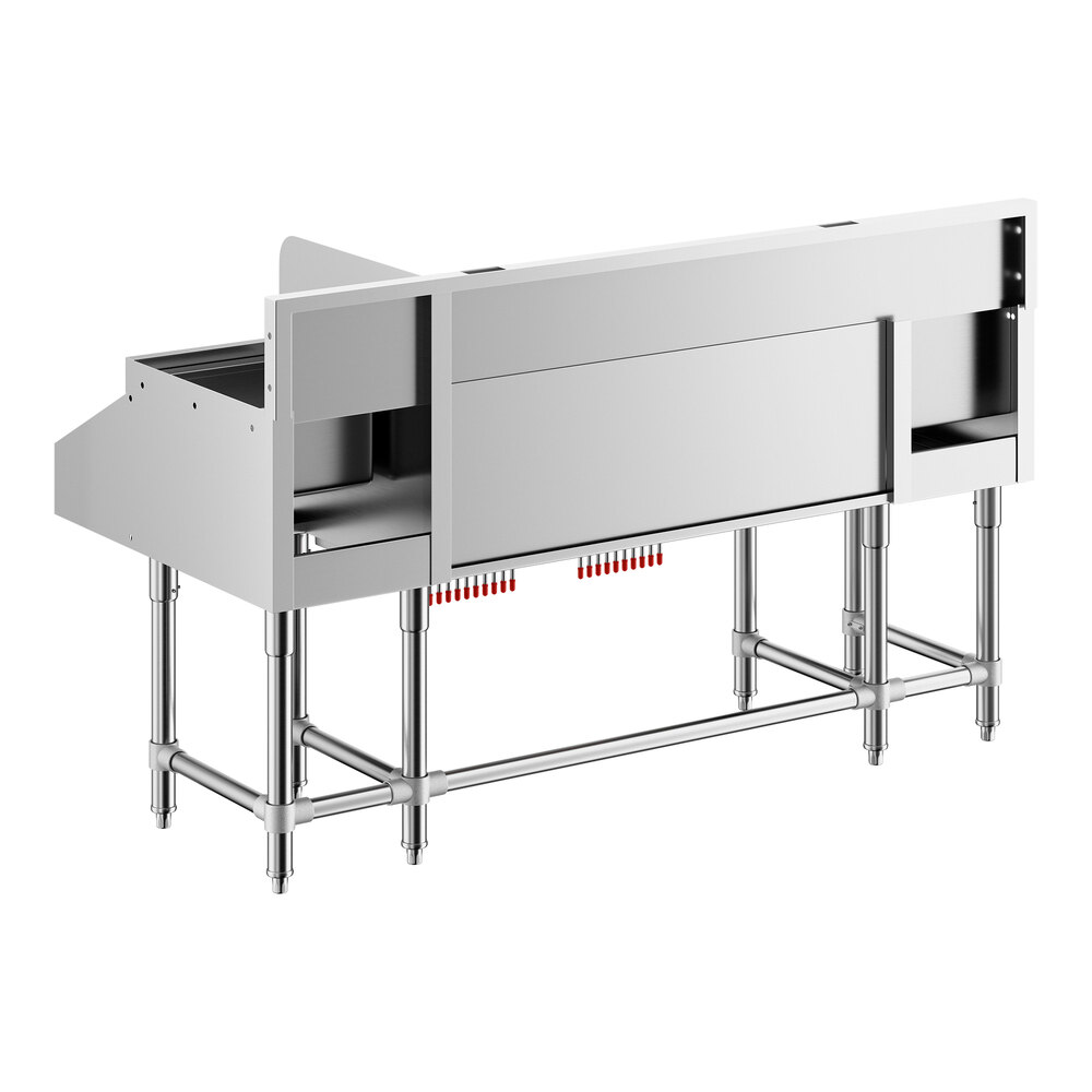 A large stainless steel commercial station with multiple compartments, a raised back section, and sturdy metal legs.