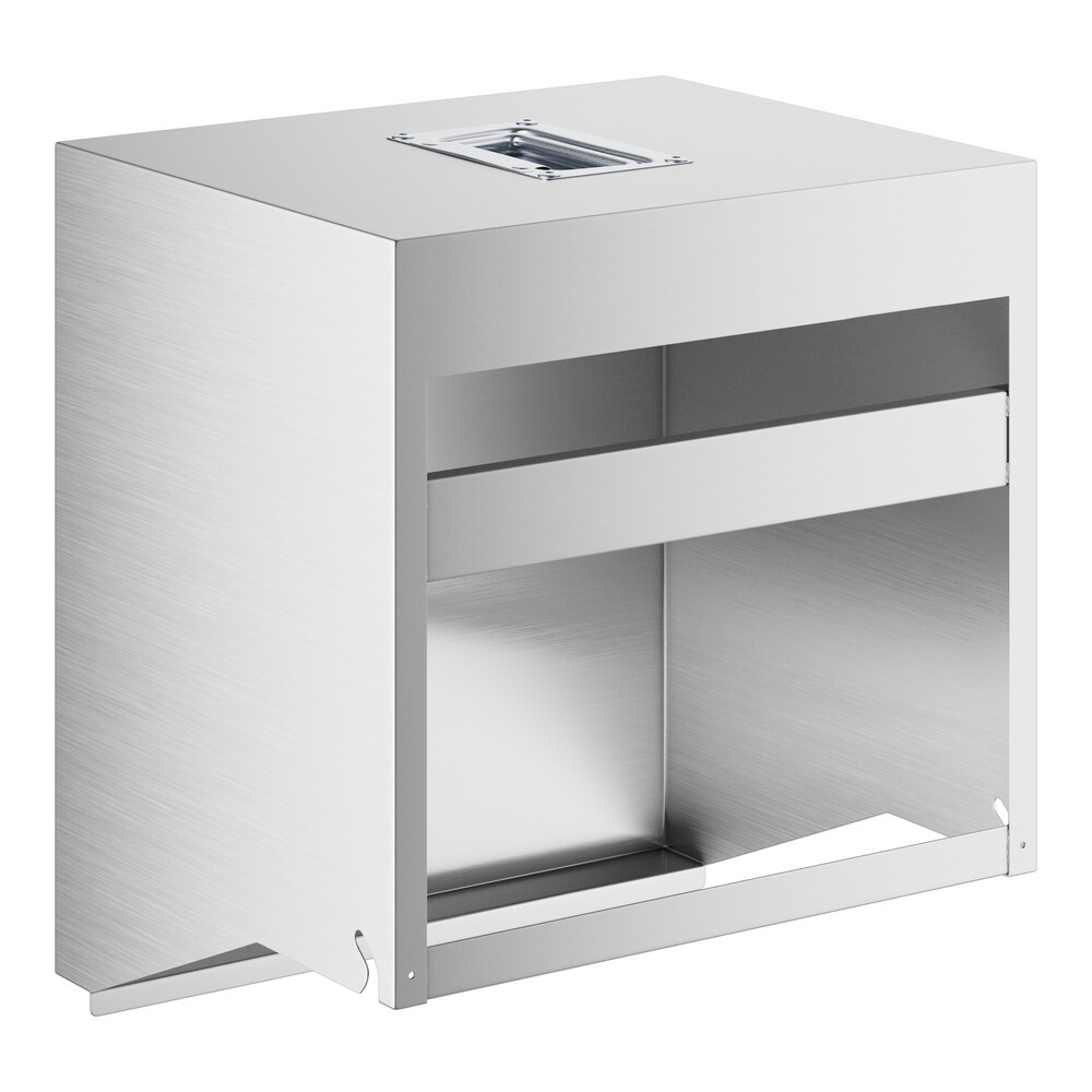 A silver rectangular stainless steel cover with a hole.