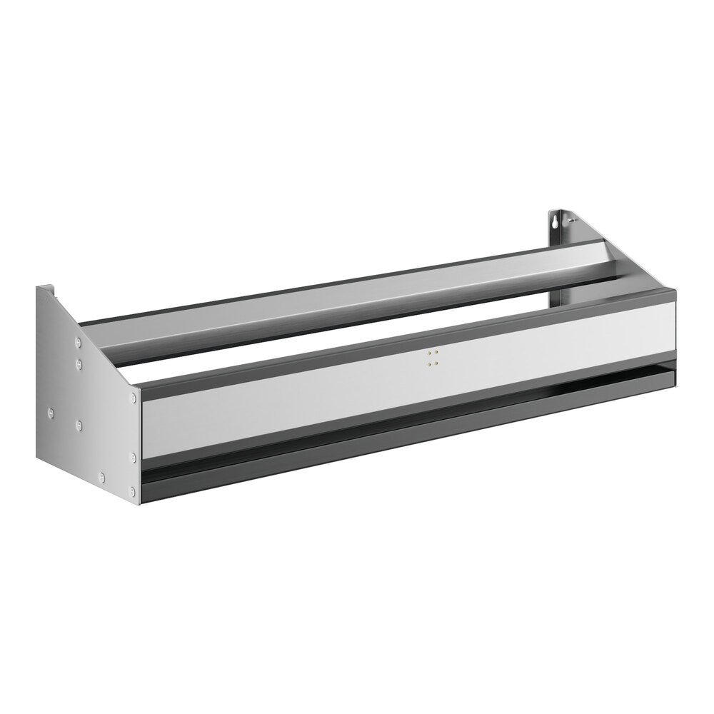 A Regency stainless steel double tier speed rail with two metal shelves.