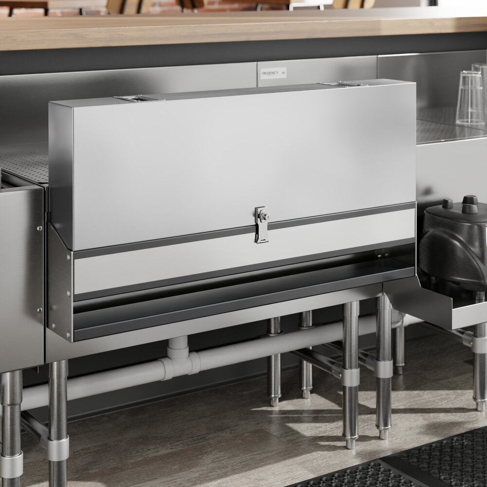 A stainless steel cover with a metal handle for a metal stand.