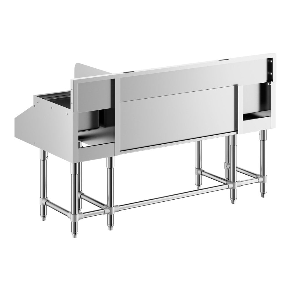 A stainless steel commercial cocktail station with multiple compartments and a liquor display rack, supported by metal legs.