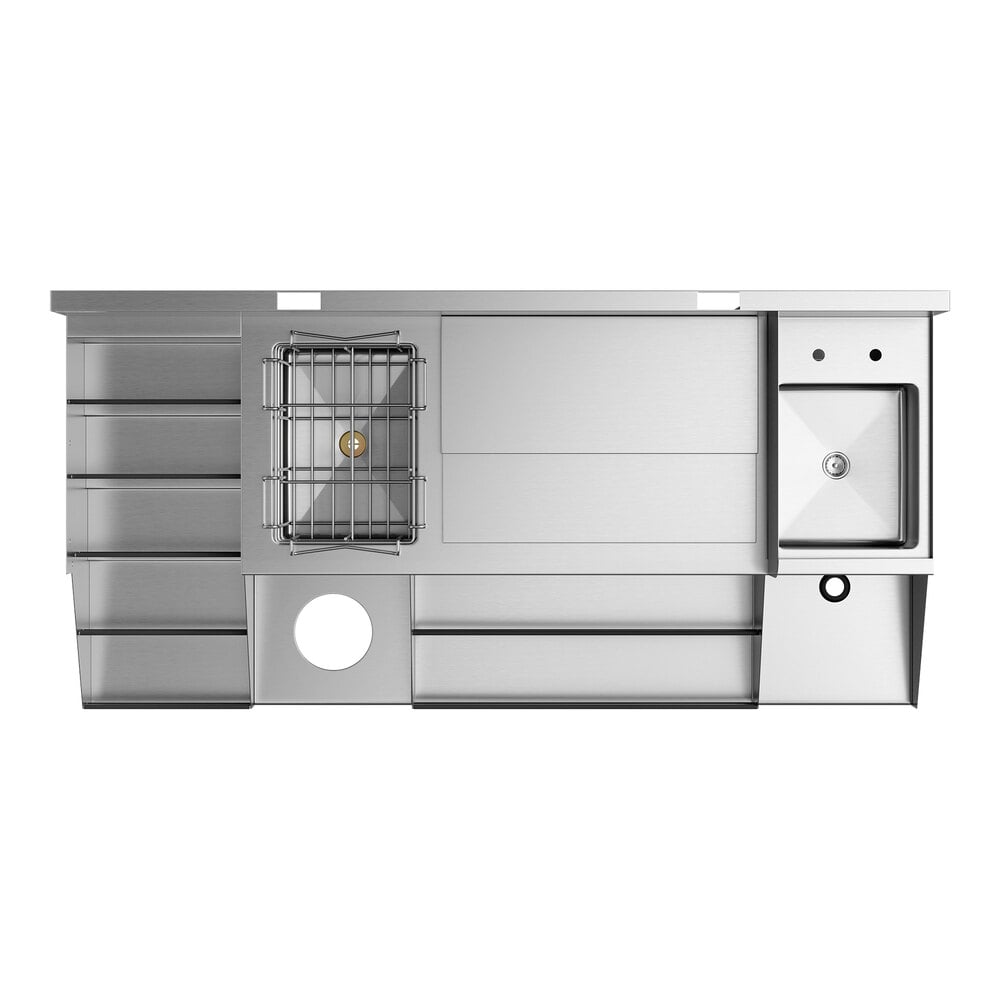 A stainless steel combination cocktail station featuring a sink, storage compartments, a liquor display rack, and various work surfaces.