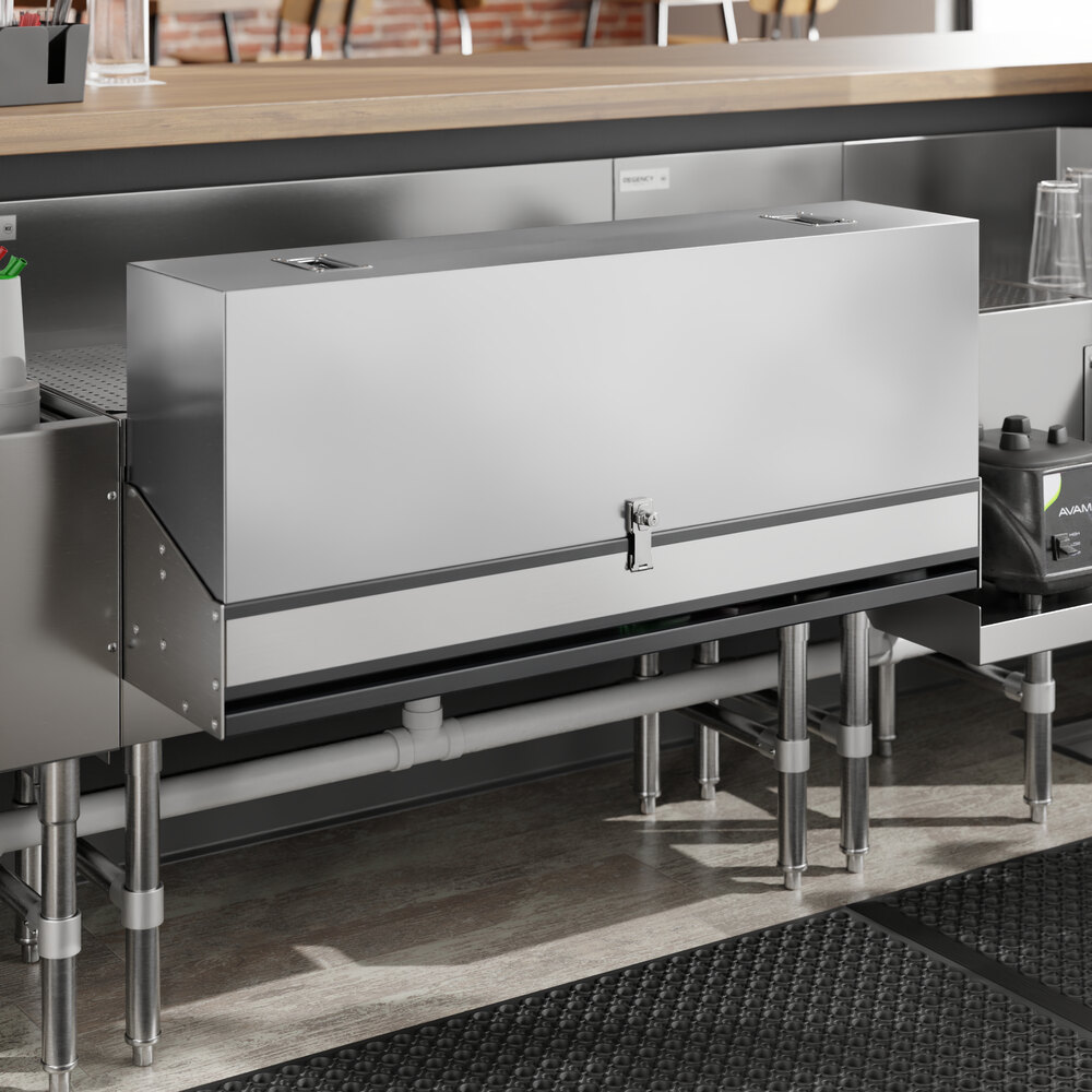 A stainless steel cover with metal handles for Regency double tier speed rails.