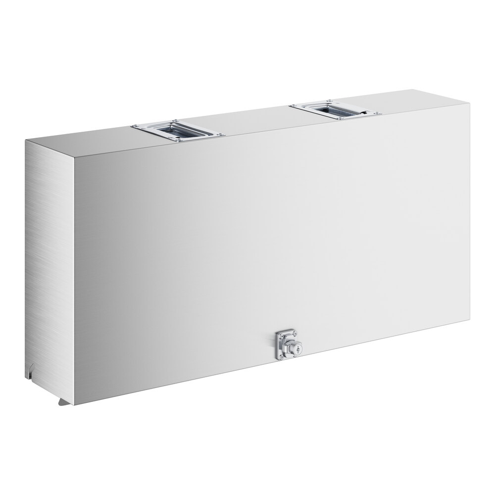 A rectangular stainless steel cover with two holes.