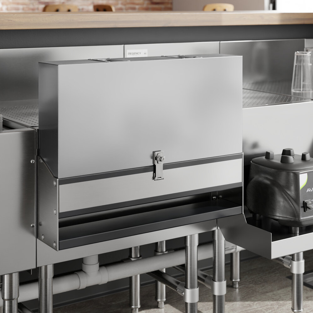 A stainless steel cover for a Regency single tier speed rail.