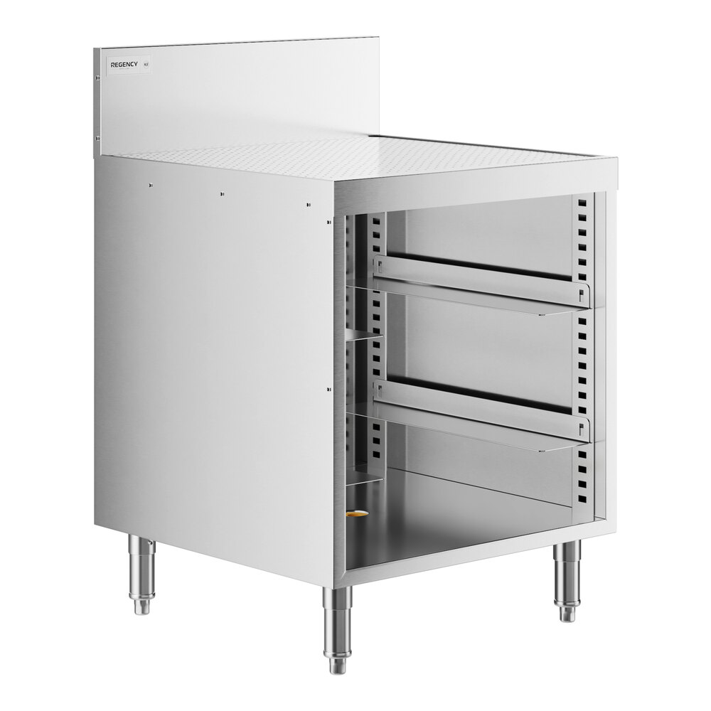 A stainless steel metal cabinet with perforated shelves.